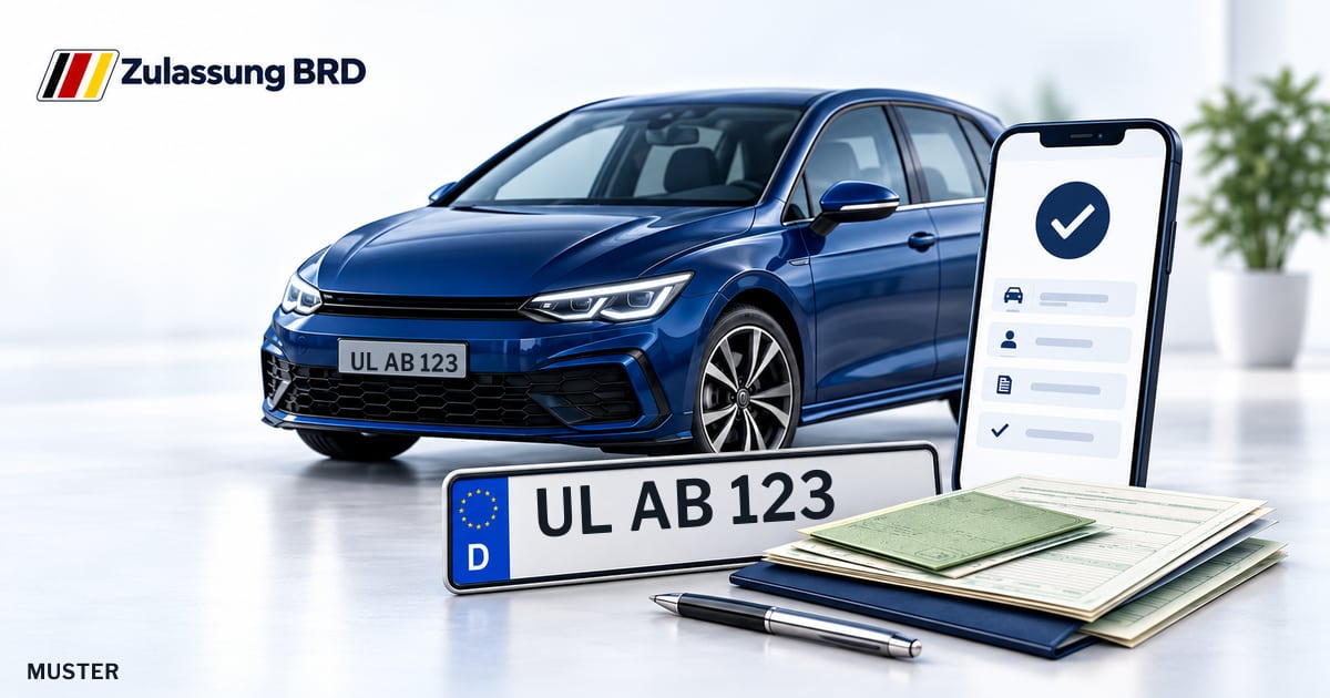 Online Fahrzeugzulassung in Ehingen: Musterkennzeichen UL AB 123, Auto und Fahrzeugpapiere und Smartphone. Illustration mit Logo von Zulassung BRD.